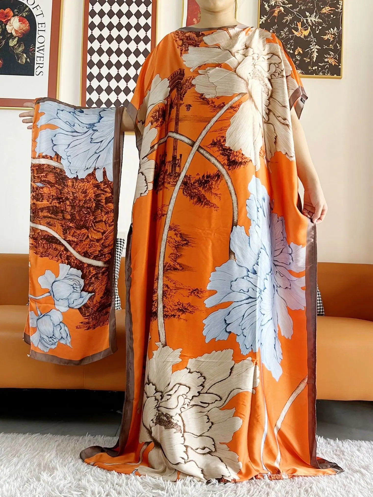 Elegant Printed Silk Abayas: Soft, Loose-Fit Robes with Matching Scarves for Modern Muslim Women's Summer Fashion - Flexi Africa - Flexi Africa offers Free Delivery Worldwide - Vibrant African traditional clothing showcasing bold prints and intricate designs