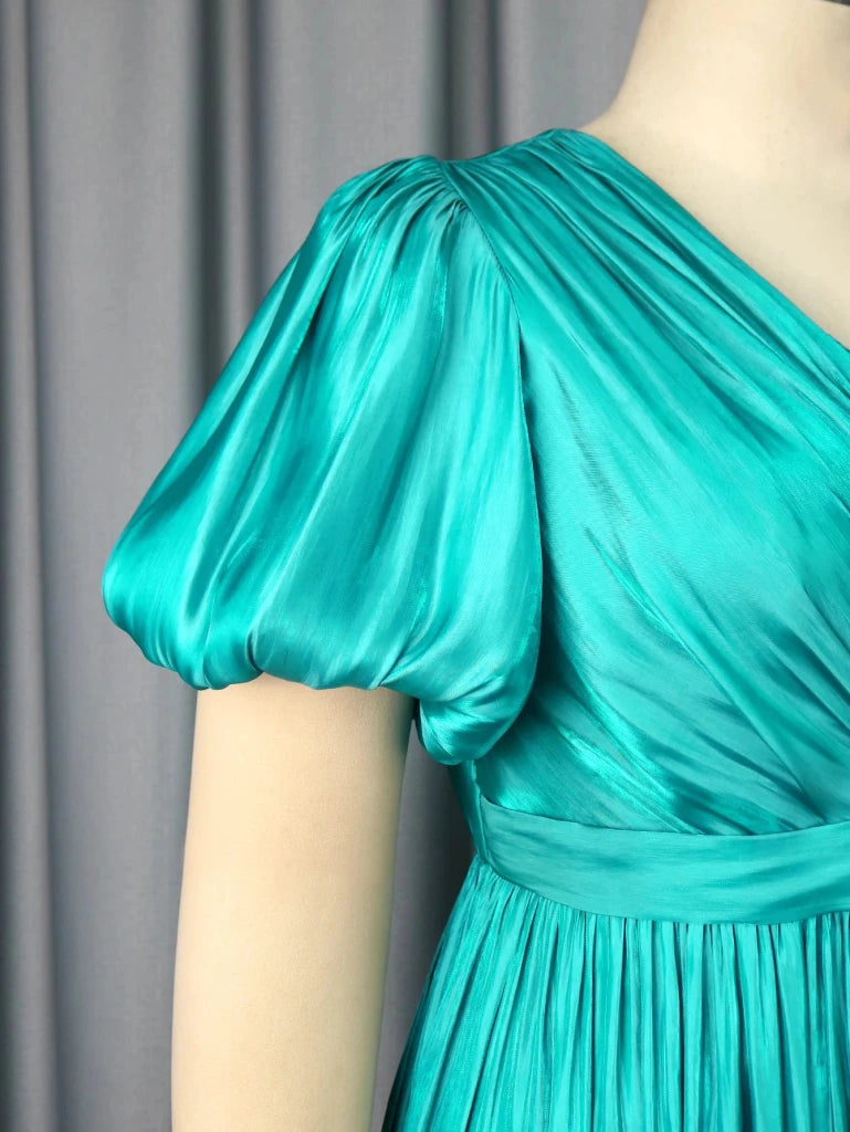 Elegant Satin A-Line Wedding Guest Dress with V-Neck, Puff Sleeves & Rhinestone Belt - Free Delivery Worldwide only at Flexi Africa