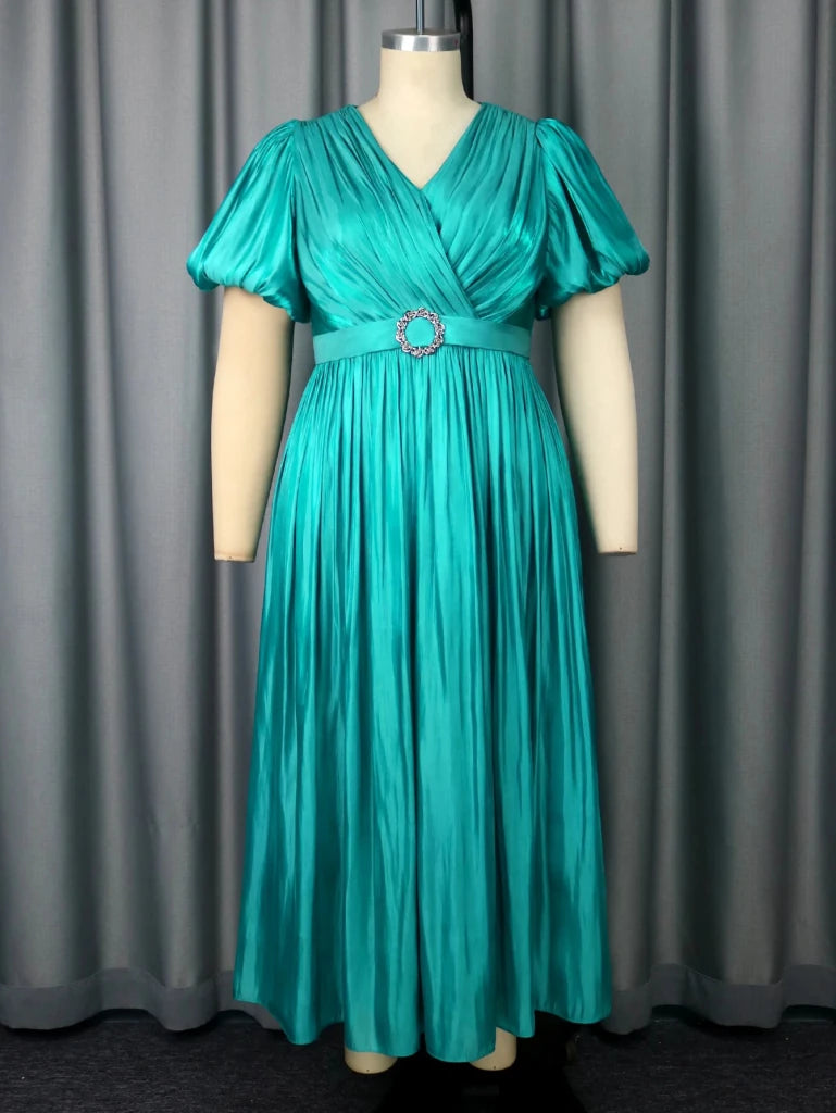 Elegant Satin A-Line Wedding Guest Dress with V-Neck, Puff Sleeves & Rhinestone Belt - Free Delivery Worldwide only at Flexi Africa
