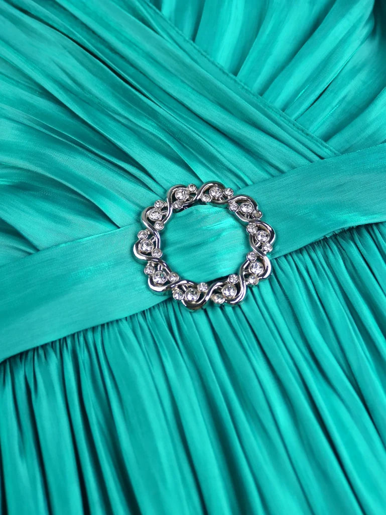 Elegant Satin A-Line Wedding Guest Dress with V-Neck, Puff Sleeves & Rhinestone Belt - Free Delivery Worldwide only at Flexi Africa