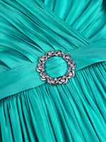 Elegant Satin A-Line Wedding Guest Dress with V-Neck, Puff Sleeves & Rhinestone Belt - Free Delivery Worldwide only at Flexi Africa