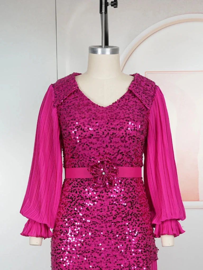 Elegant Women’s Long Sleeve Dress – African Sequin Robe Wedding Party Gown - Free Delivery Worldwide only at Flexi Africa