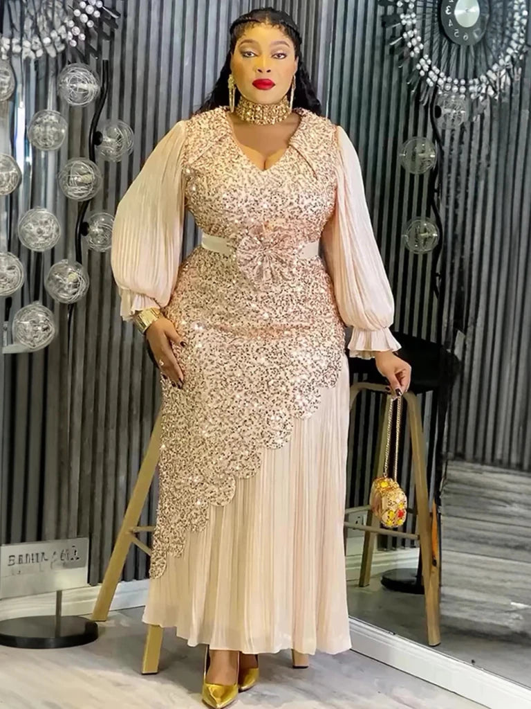 Elegant Women’s Long Sleeve Dress – African Sequin Robe Wedding Party Gown - Free Delivery Worldwide only at Flexi Africa