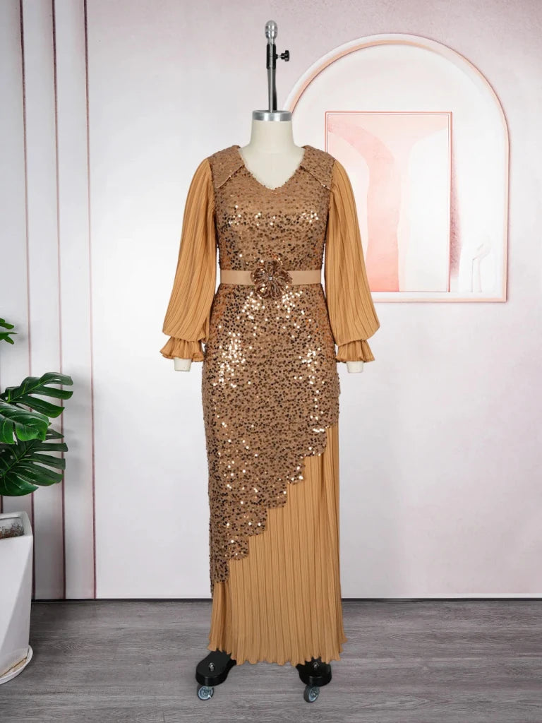 Elegant Women’s Long Sleeve Dress – African Sequin Robe Wedding Party Gown - Free Delivery Worldwide only at Flexi Africa