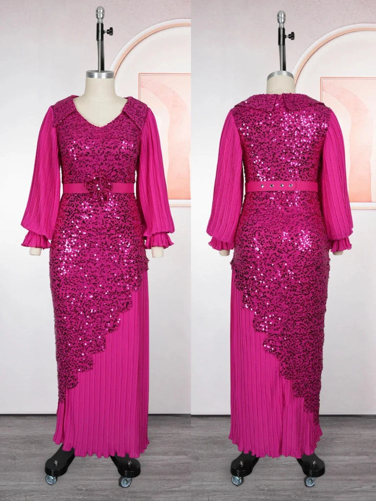 Elegant Women’s Long Sleeve Dress – African Sequin Robe Wedding Party Gown - Free Delivery Worldwide only at Flexi Africa