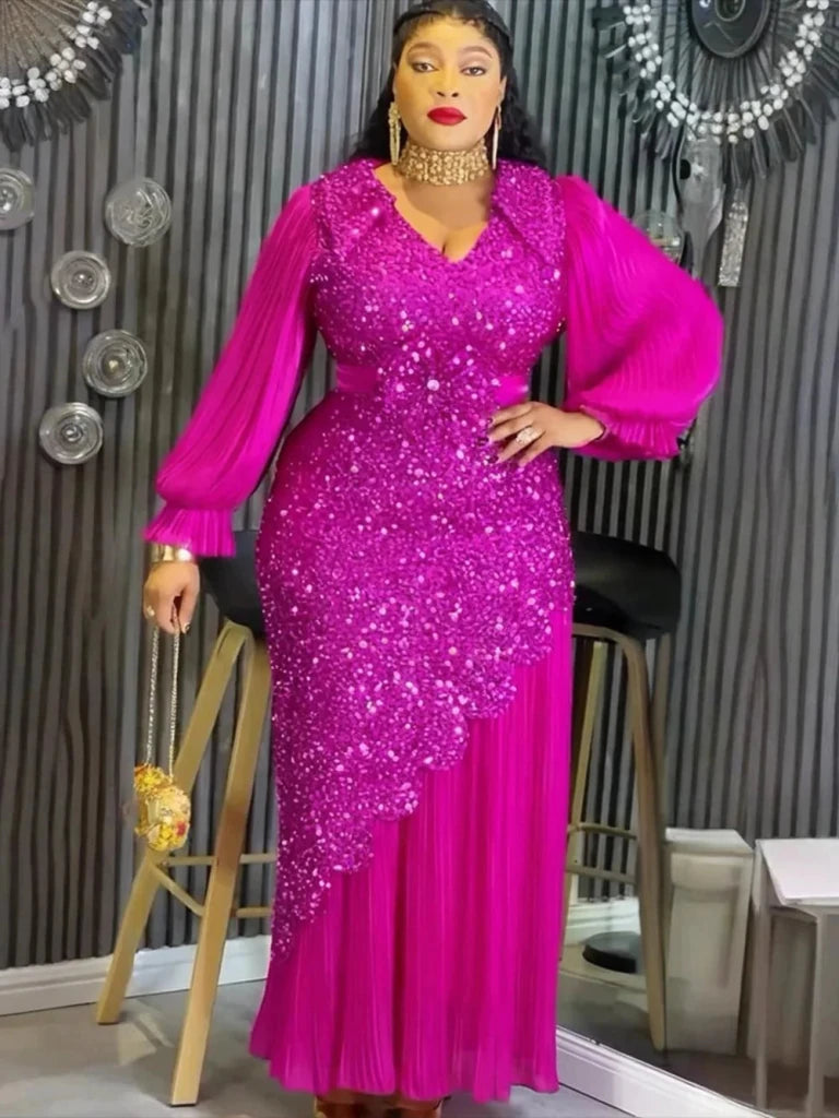Elegant Women’s Long Sleeve Dress – African Sequin Robe Wedding Party Gown - Free Delivery Worldwide only at Flexi Africa