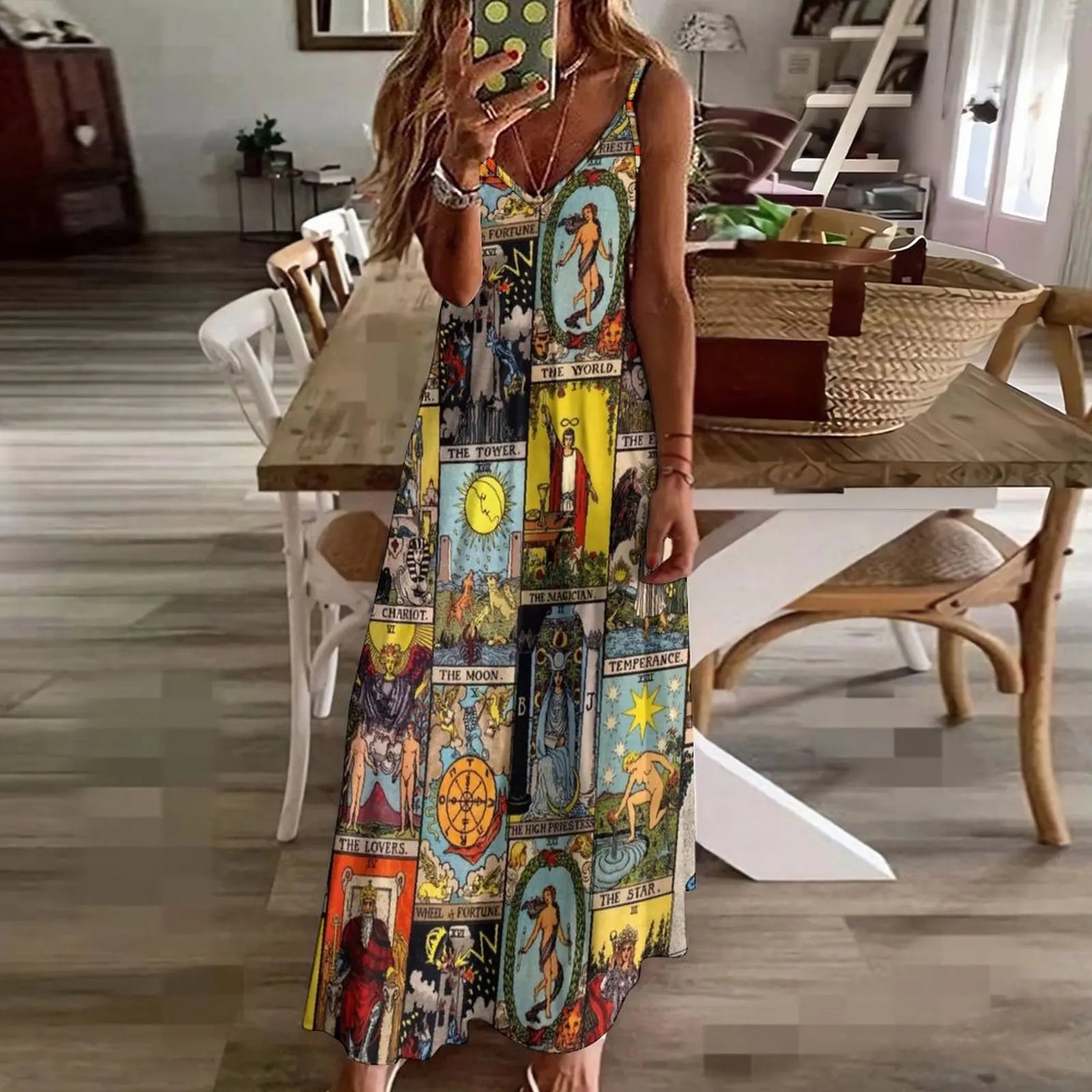Elegant Women's Summer Dress with Major Arcana Tarot Design - Perfect for Ceremonial Occasions - Flexi Africa - Free Delivery Worldwide only at www.flexiafrica.com