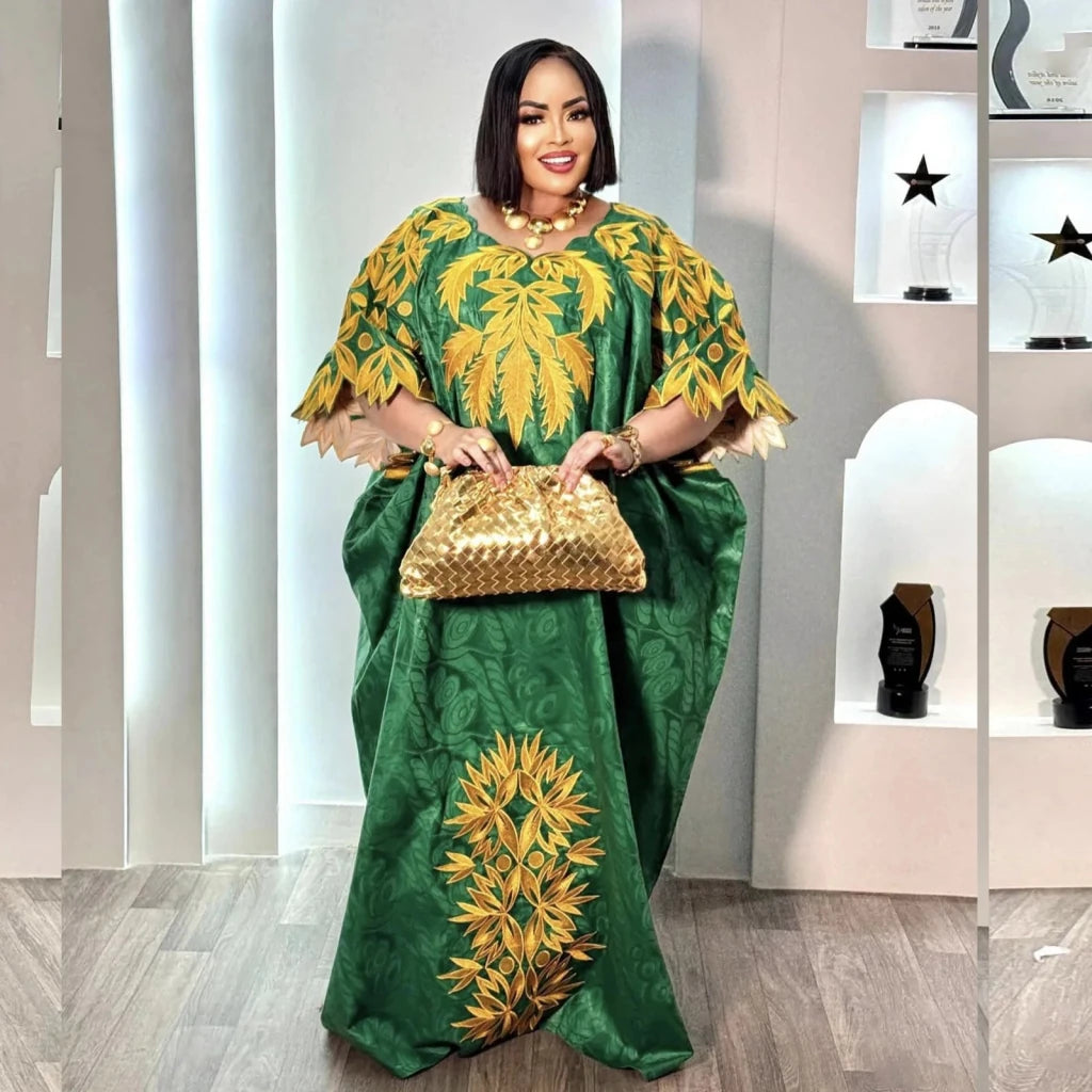 Embroidered Bazin Riche Abaya Dress | Women's Plus Size African Maxi Gown - Free Delivery Worldwide only at Flexi Africa