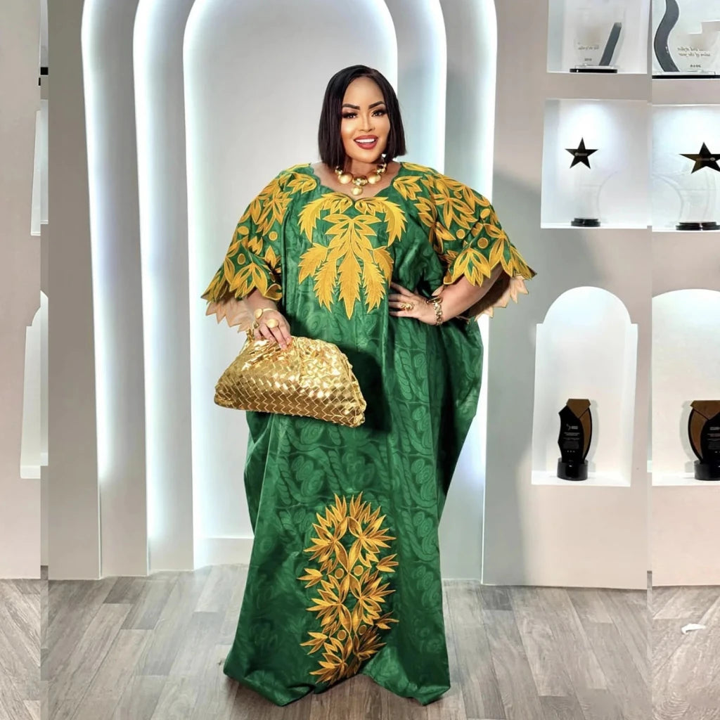 Embroidered Bazin Riche Abaya Dress | Women's Plus Size African Maxi Gown - Free Delivery Worldwide only at Flexi Africa