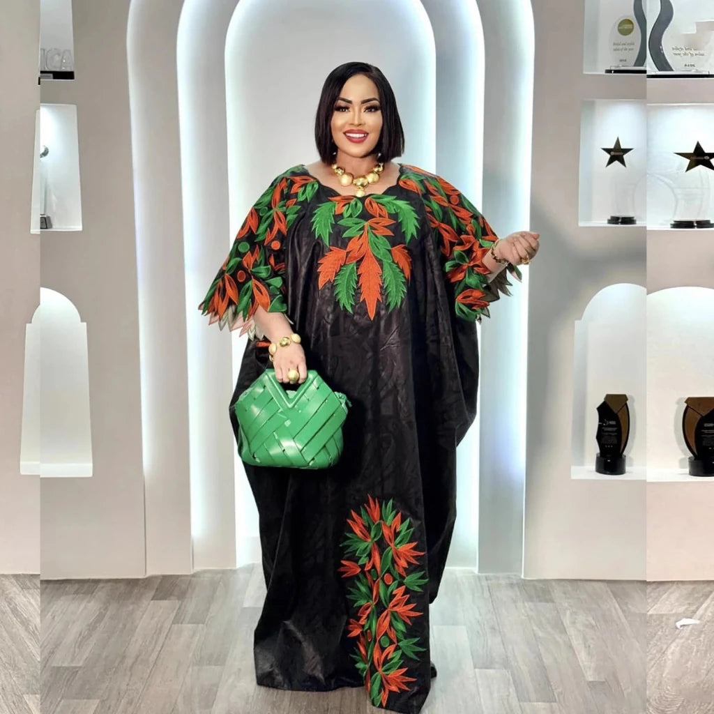 Embroidered Bazin Riche Abaya Dress | Women's Plus Size African Maxi Gown - Free Delivery Worldwide only at Flexi Africa