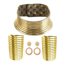 Ethnic Charm Jewelry Set: Resin Snap Choker Necklace, Leather Wide Bracelet, and Stud Earrings for Women - Flexi Africa