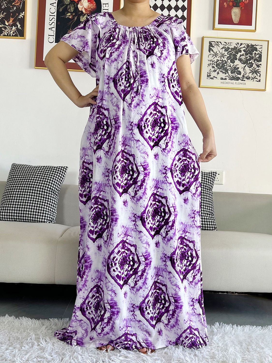 Ethnic Chic: African Inspired Tie-Dye Abaya Dress with Floral Prints and Loose Fit - Perfect for Summer - Flexi Africa