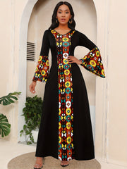 Ethnic Print Splicing Dress, Elegant Flared Sleeve V - Neck Maxi Dress - Flexi Africa - Free Delivery Worldwide only at www.flexiafrica.com