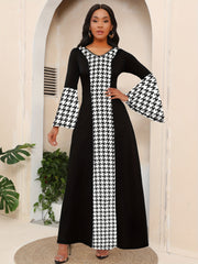 Ethnic Print Splicing Dress, Elegant Flared Sleeve V - Neck Maxi Dress - Flexi Africa - Free Delivery Worldwide only at www.flexiafrica.com