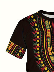 Ethnic Style Printed T - shirt, Men's Casual Street Style Stretch Round Neck Tee Shirt For Summer - Flexi Africa - Free Delivery Worldwide only at www.flexiafrica.com