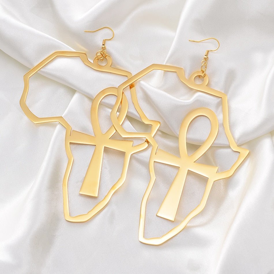 Exaggerated Elegance: African Map Big Ankh Earrings with Traditional Style - Flexi Africa offers Free Delivery Worldwide