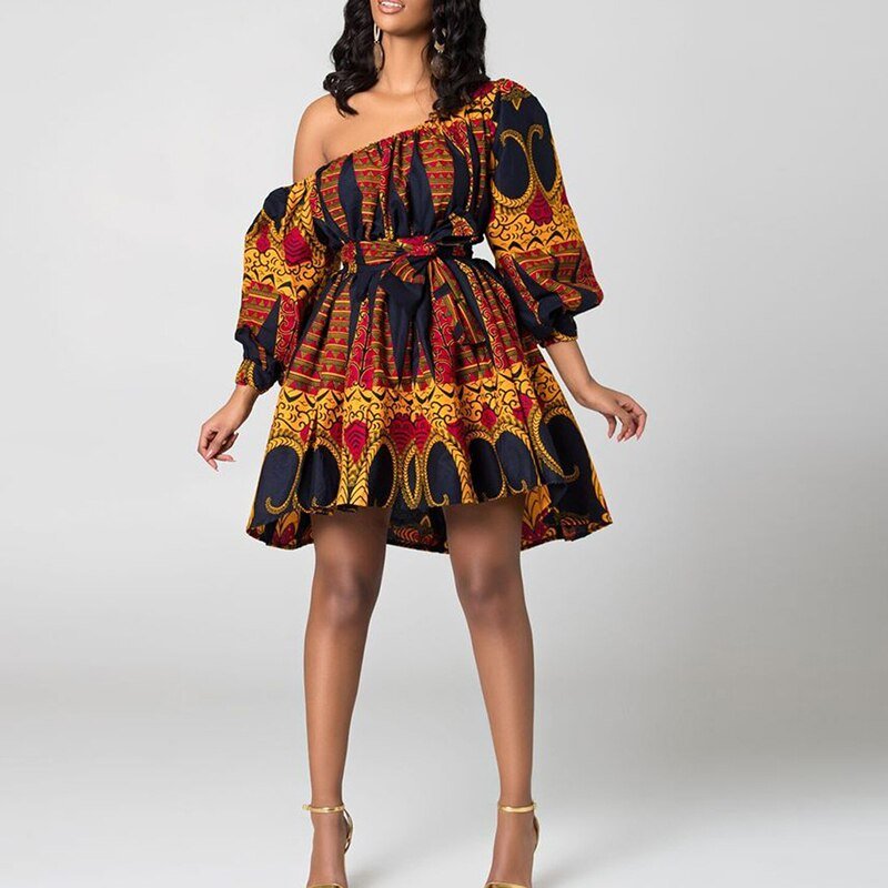 Exotic Allure: African Tribal Print Off-Shoulder Mini Dress - Unleash Your Inner Goddess - Flexi Africa - Flexi Africa offers Free Delivery Worldwide - Vibrant African traditional clothing showcasing bold prints and intricate designs