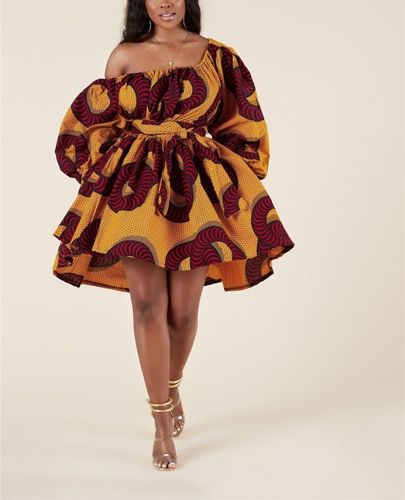 Exotic Allure: African Tribal Print Off-Shoulder Mini Dress - Unleash Your Inner Goddess - Flexi Africa - Flexi Africa offers Free Delivery Worldwide - Vibrant African traditional clothing showcasing bold prints and intricate designs