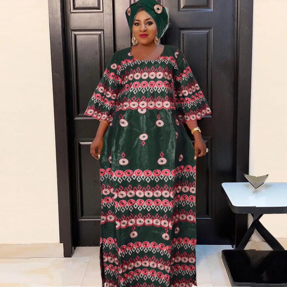 Exquisite African Attire: Elegant Embroidered Bazin Dresses for Women's Celebrations - Flexi Africa - Free Delivery Worldwide only at www.flexiafrica.com