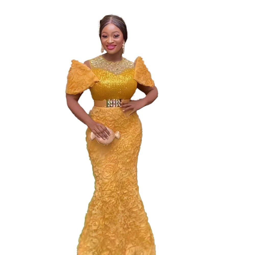 Exquisite African Evening Dresses: Mesh 3D Embroidery, Rhinestone Sequin Belt, and Luxury Elegance - Flexi Africa - FREE POST