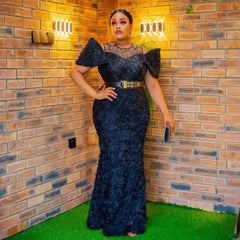 Exquisite African Evening Dresses: Mesh 3D Embroidery, Rhinestone Sequin Belt, and Luxury Elegance - Flexi Africa - FREE POST