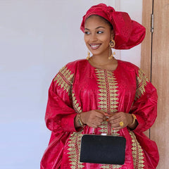 Exquisite African Red Boubou Bazin Riche: Gold Dust Embroidered Wedding Bride Dress - Flexi Africa - Flexi Africa offers Free Delivery Worldwide - Vibrant African traditional clothing showcasing bold prints and intricate designs