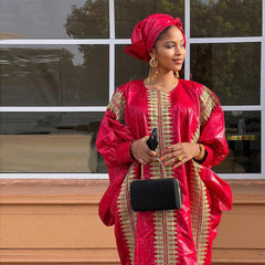 Exquisite African Red Boubou Bazin Riche: Gold Dust Embroidered Wedding Bride Dress - Flexi Africa - Free Delivery Worldwide