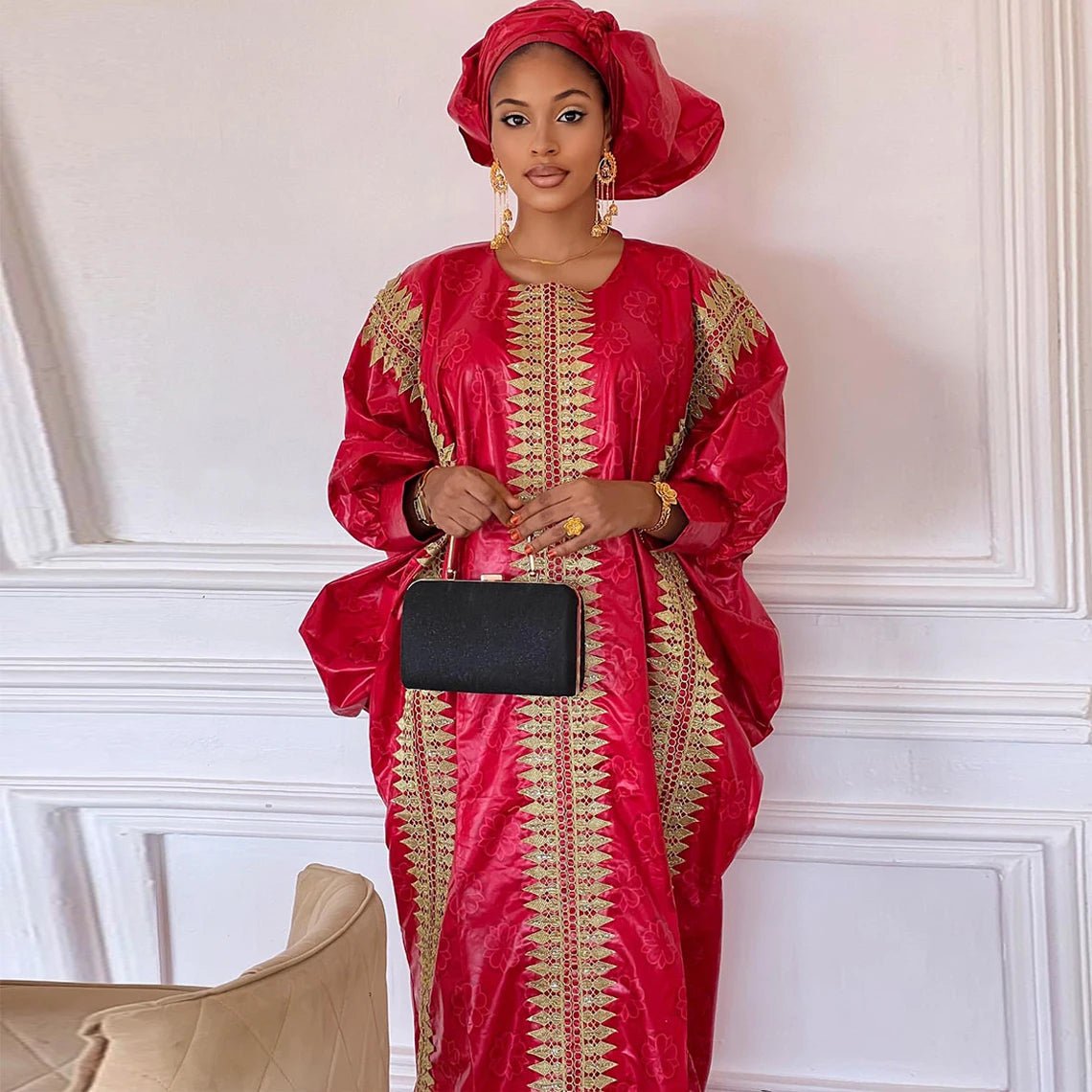 Exquisite African Red Boubou Bazin Riche: Gold Dust Embroidered Wedding Bride Dress - Flexi Africa - Flexi Africa offers Free Delivery Worldwide - Vibrant African traditional clothing showcasing bold prints and intricate designs