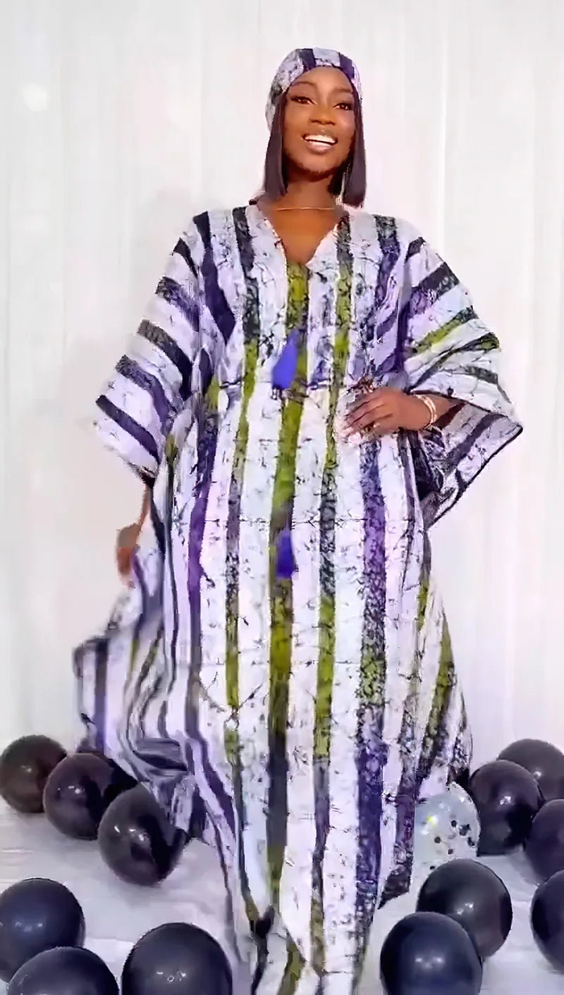 Dashiki Inspired Maxi Dress: Women's Batwing Sleeve V-Neck with Tassel Stripe Print, Perfect for Parties - Flexi Africa