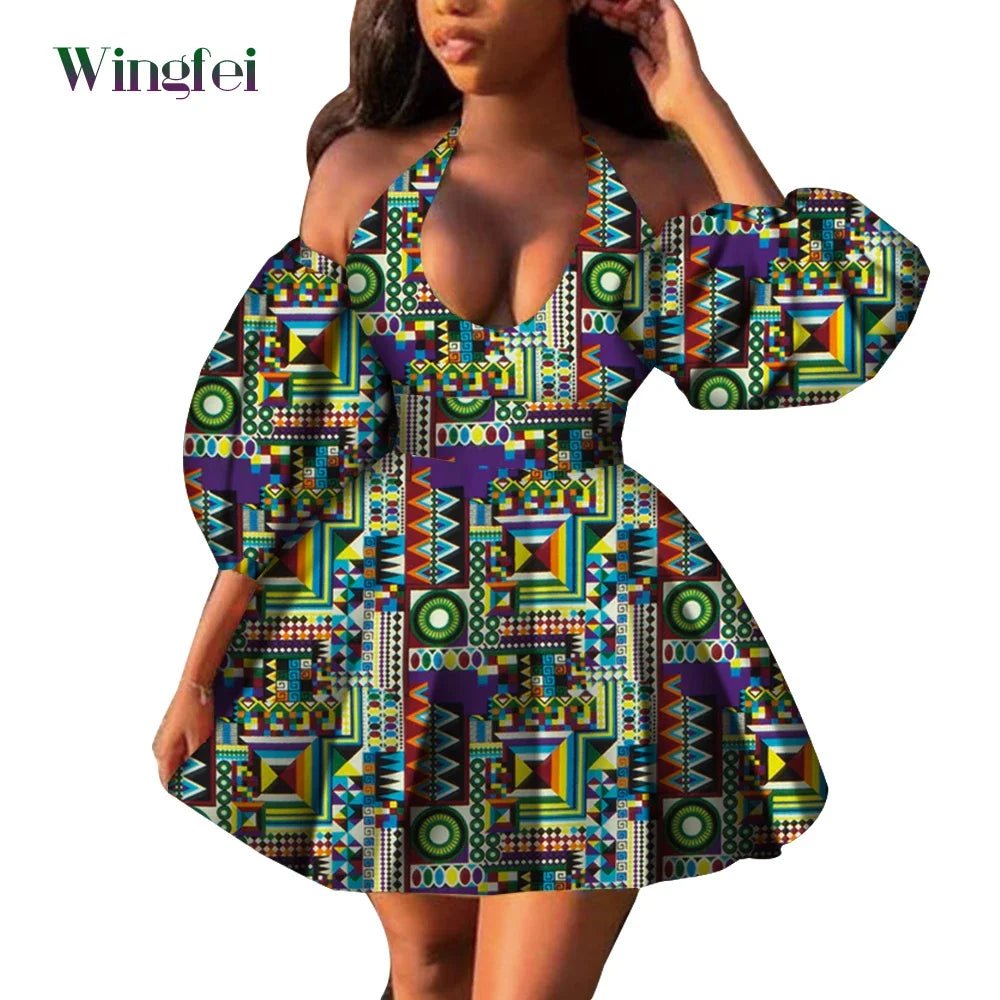 Fashion Women Casual Dresses African Clothes Sexy V-neck Dashiki Dress Ankara Print Short Dress African Style Clothing Wy7876 - Free Delivery Worldwide only at Flexi Africa