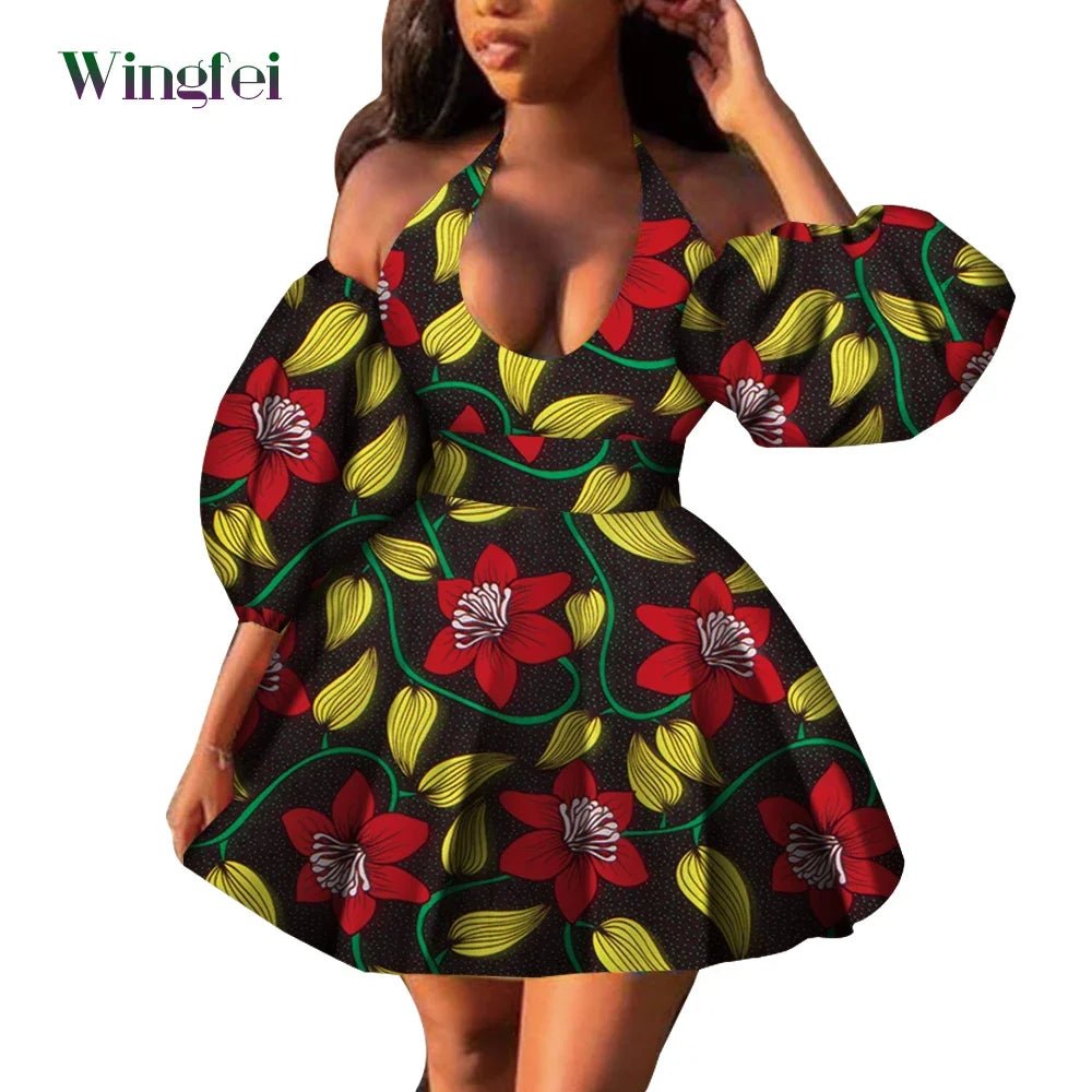 Fashion Women Casual Dresses African Clothes Sexy V-neck Dashiki Dress Ankara Print Short Dress African Style Clothing Wy7876 - Free Delivery Worldwide only at Flexi Africa