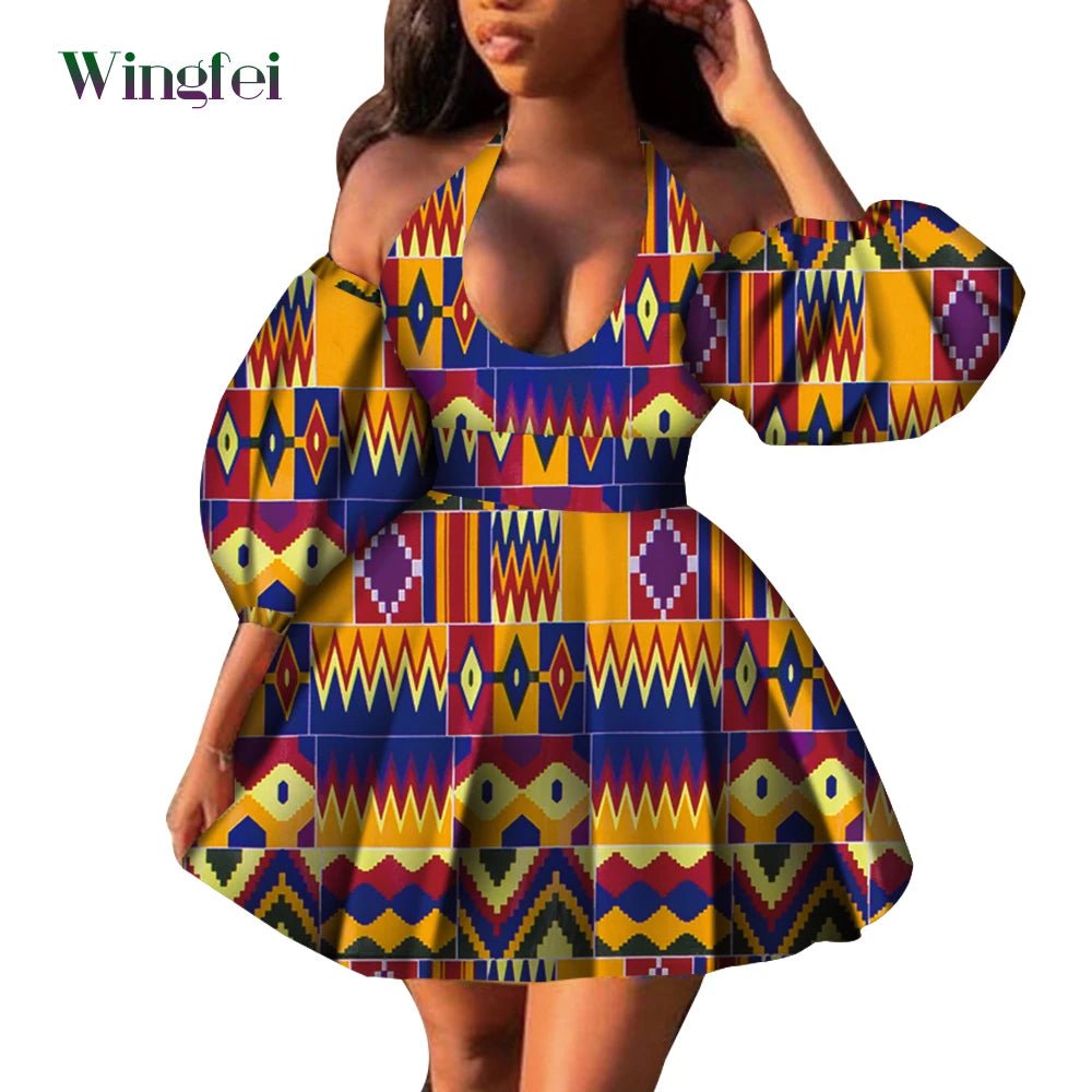 Fashion Women Casual Dresses African Clothes Sexy V-neck Dashiki Dress Ankara Print Short Dress African Style Clothing Wy7876 - Free Delivery Worldwide only at Flexi Africa