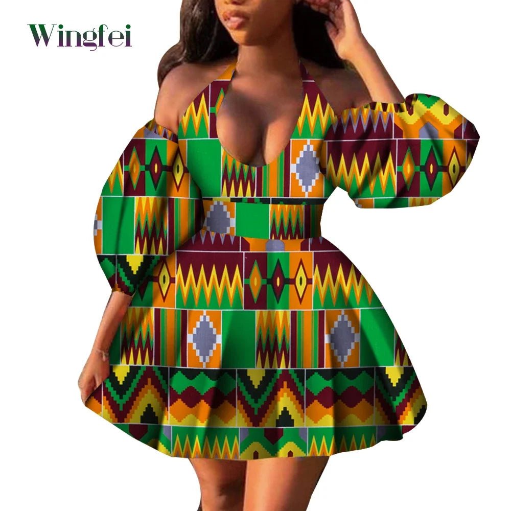 Fashion Women Casual Dresses African Clothes Sexy V-neck Dashiki Dress Ankara Print Short Dress African Style Clothing Wy7876 - Free Delivery Worldwide only at Flexi Africa