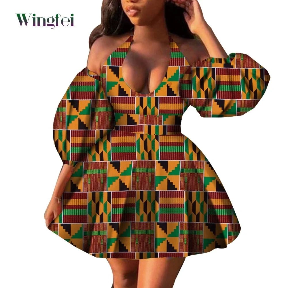 Fashion Women Casual Dresses African Clothes Sexy V-neck Dashiki Dress Ankara Print Short Dress African Style Clothing Wy7876 - Free Delivery Worldwide only at Flexi Africa