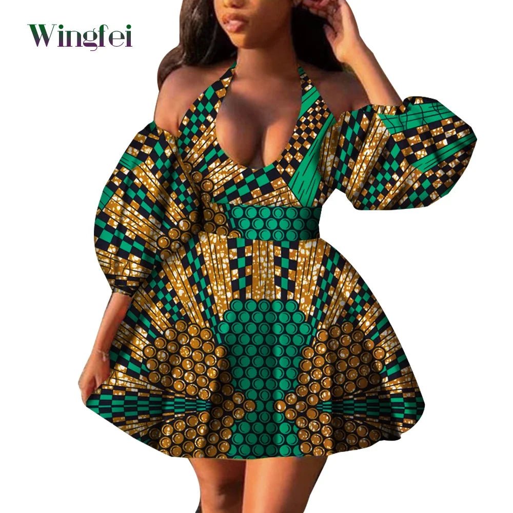 Fashion Women Casual Dresses African Clothes Sexy V-neck Dashiki Dress Ankara Print Short Dress African Style Clothing Wy7876 - Free Delivery Worldwide only at Flexi Africa