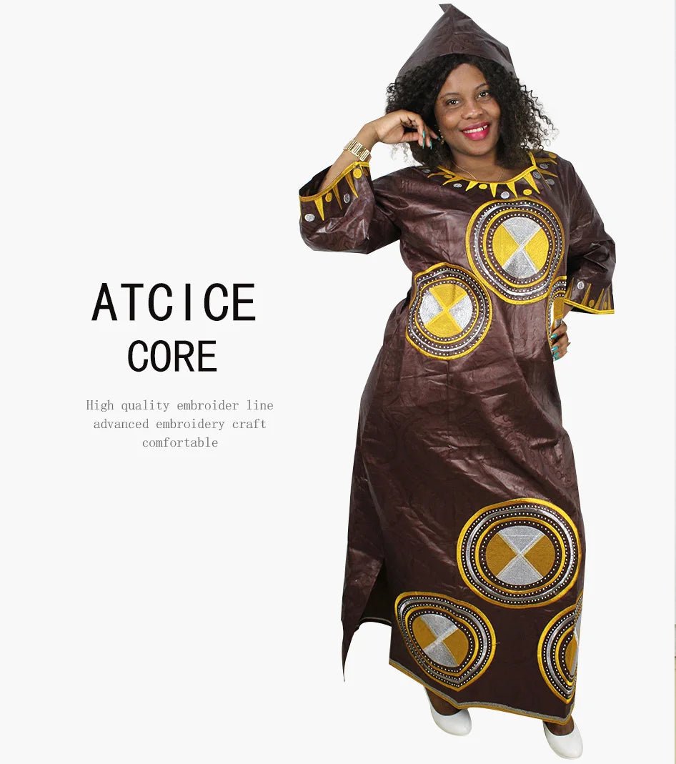 Fashionable African Dresses for Women: Bazin Riche Embroidery Long Dress with Matching Scarf - Free Delivery Worldwide only at Flexi Africa