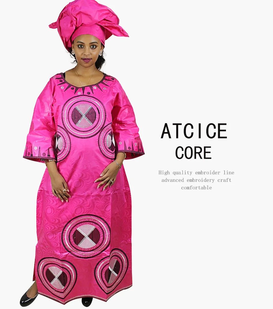 Fashionable African Dresses for Women: Bazin Riche Embroidery Long Dress with Matching Scarf - Free Delivery Worldwide only at Flexi Africa