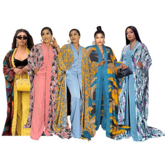 Floral Chic: 2PC African Women's Clothing Set - Cardigan Robe and Pant Suit with Vibrant Kanga Outfits - Flexi Africa