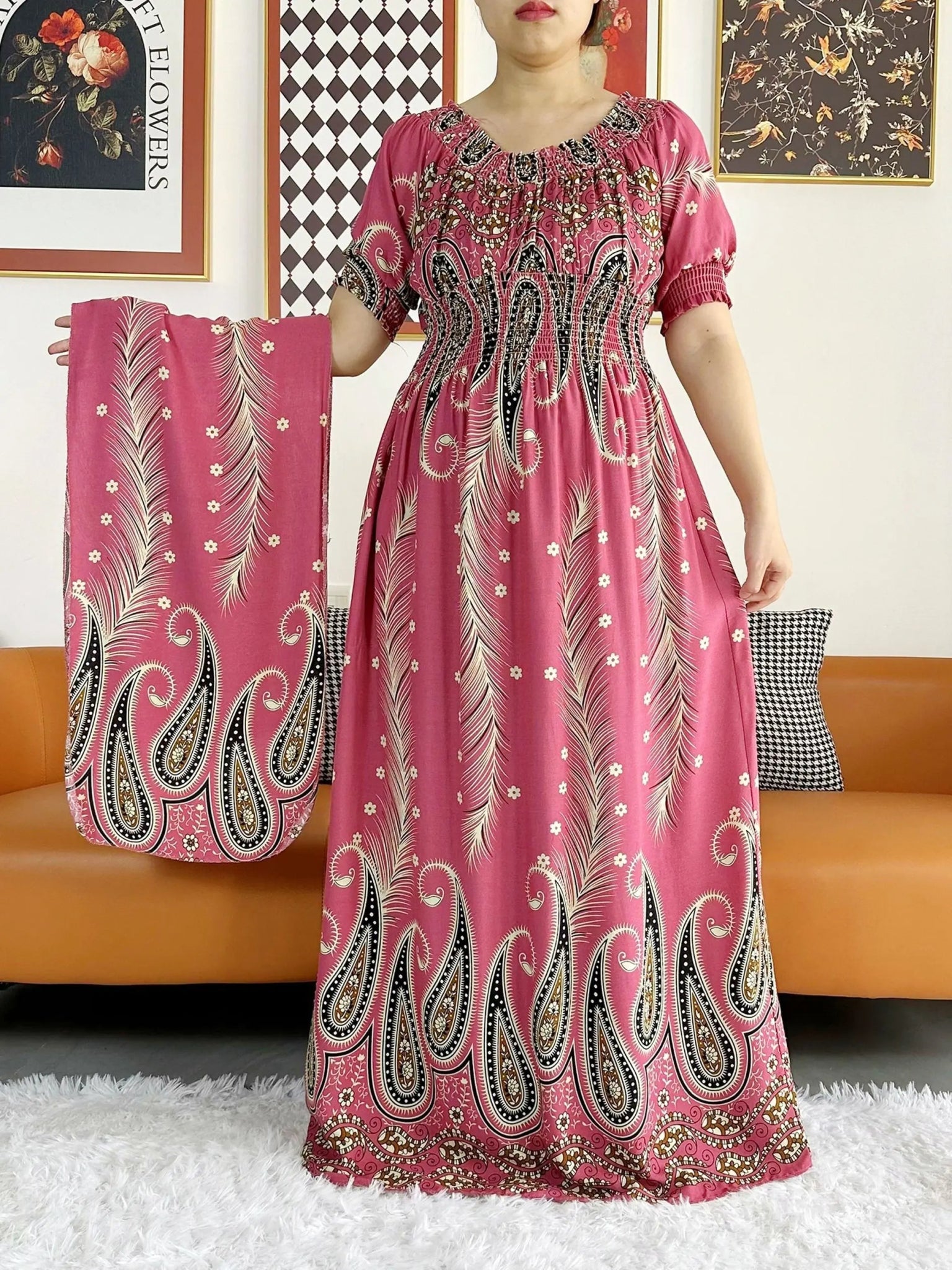Floral Elegance: Dashiki Inspired Short Sleeve Dress for African Women - 100% Cotton - Flexi Africa - www.flexiafrica.com