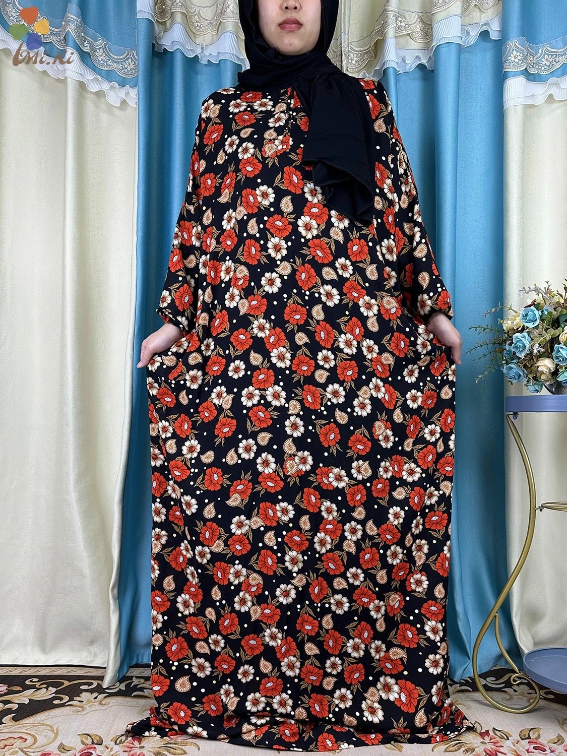 Floral Elegance: New African Abaya Dress with Turban Joint - Loose-Fit Muslim Rayon - Flexi Africa - www.flexiafrica.com