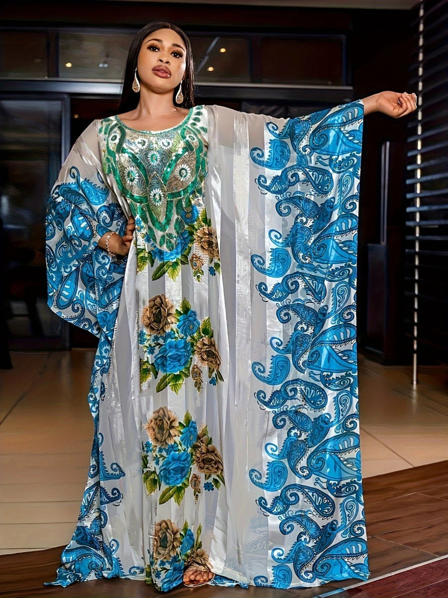 Floral Paisley Print Kaftan Dress, Elegant Ethnic Maxi Loose Kaftan Dress - Free Delivery Worldwide only at Flexi Africa