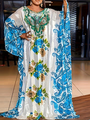 Floral Paisley Print Kaftan Dress, Elegant Ethnic Maxi Loose Kaftan Dress - Flexi Africa - Free Delivery Worldwide only at www.flexiafrica.com