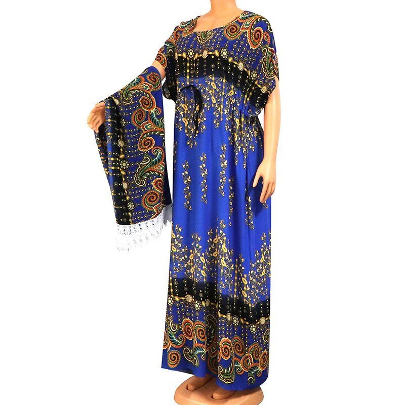 Floral Print African Dress for Women with Lace Detailing and Matching Scarf - 100% Cotton - Flexi Africa - Free Delivery