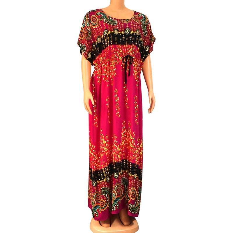 Floral Print African Dress for Women with Lace Detailing and Matching Scarf - 100% Cotton - Flexi Africa - Flexi Africa offers Free Delivery Worldwide - Vibrant African traditional clothing showcasing bold prints and intricate designs