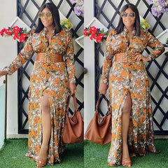 Floral Print Maxi Party Dress: Abaya Kaftan with Long Sleeves, Belted Robe Style - Flexi Africa - Flexi Africa offers Free Delivery Worldwide - Vibrant African traditional clothing showcasing bold prints and intricate designs