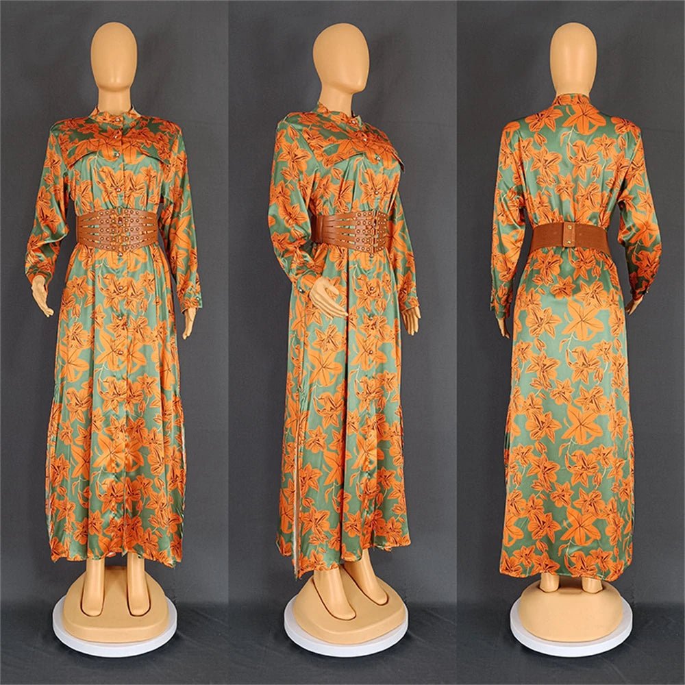 Floral Print Maxi Party Dress: Abaya Kaftan with Long Sleeves, Belted Robe Style - Flexi Africa - Flexi Africa offers Free Delivery Worldwide - Vibrant African traditional clothing showcasing bold prints and intricate designs
