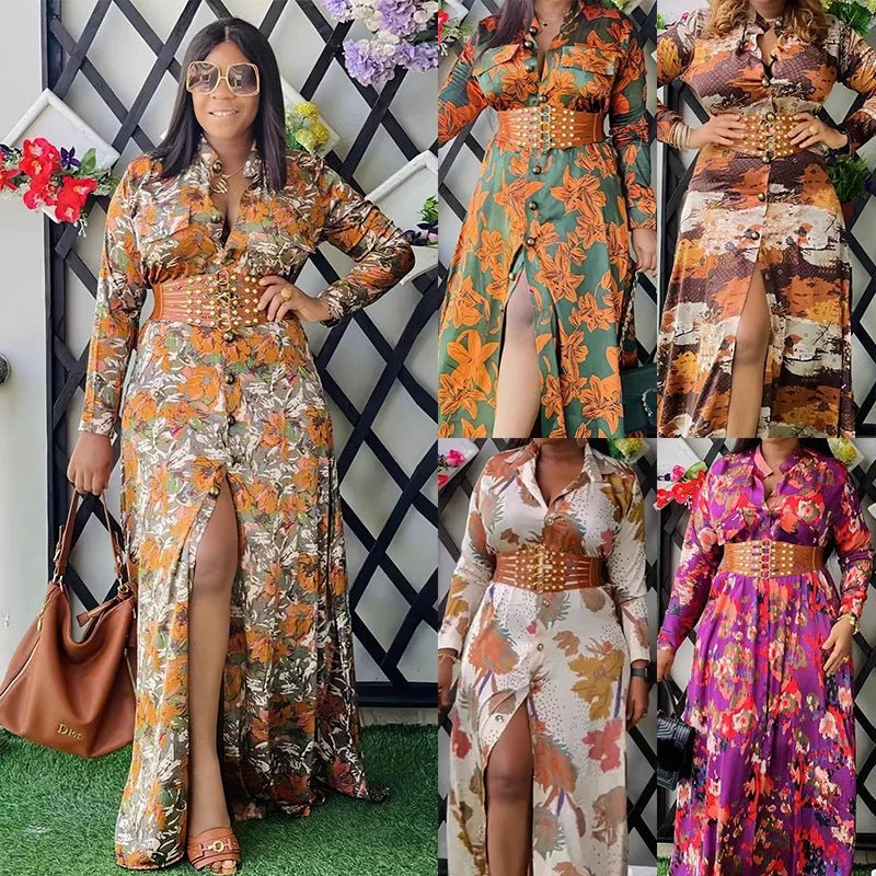 Floral Print Maxi Party Dress: Abaya Kaftan with Long Sleeves, Belted Robe Style - Flexi Africa - www.flexiafrica.com