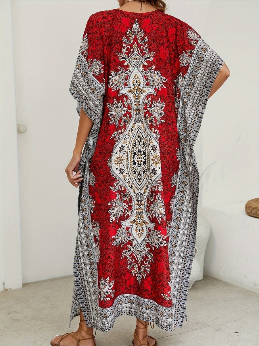 Floral Print V Neck Side Split Cover Up Dress, Batwing Sleeve Boho Maxi Beach Kaftan - Free Delivery Worldwide only