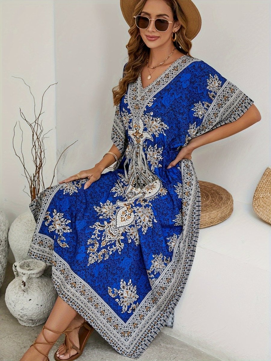 Floral Print V Neck Side Split Cover Up Dress, Batwing Sleeve Boho Maxi Beach Kaftan - Free Delivery Worldwide only