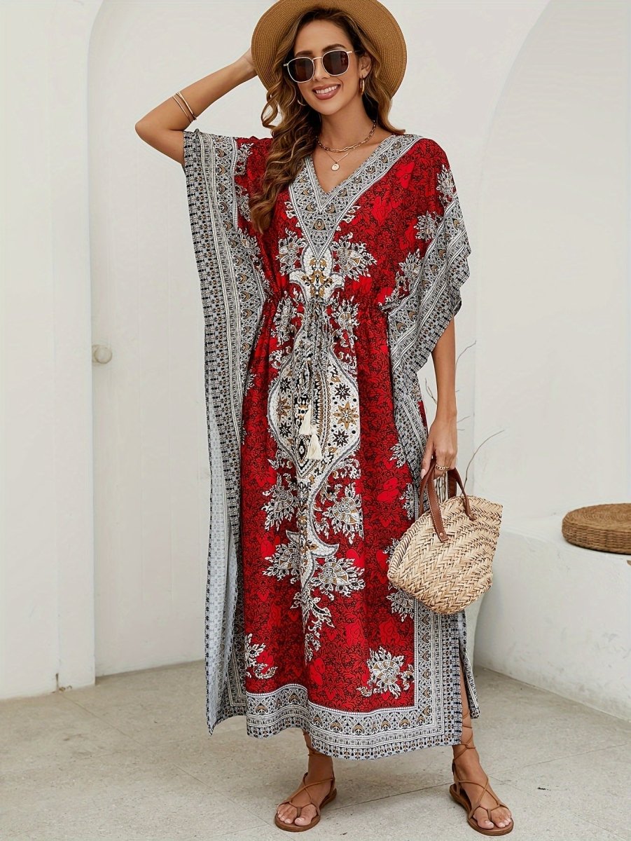 Floral Print V Neck Side Split Cover Up Dress, Batwing Sleeve Boho Maxi Beach Kaftan - Free Delivery Worldwide only